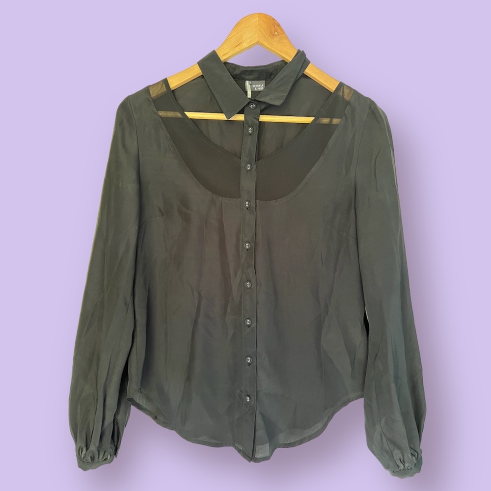 Black Collared Sparkle & Fade Cutout Blouse